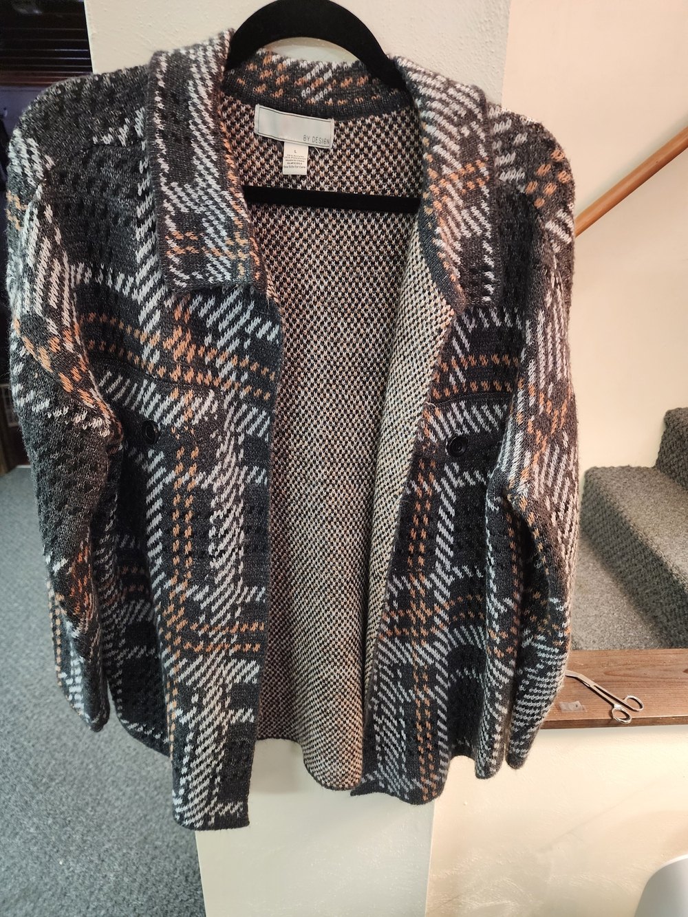 By Design Women's Plaid Knit Open Cardigan Sweater - Gray, Peach, Cream